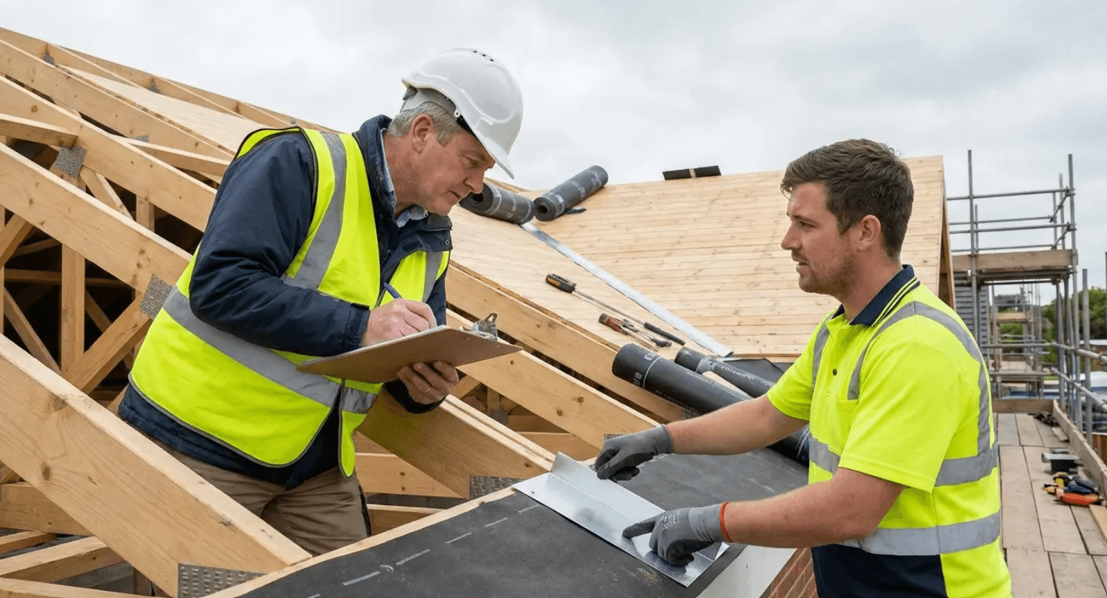 Two contractors reviewing code compliance requirements triggered by an asphalt shingle roof replacement on an older home