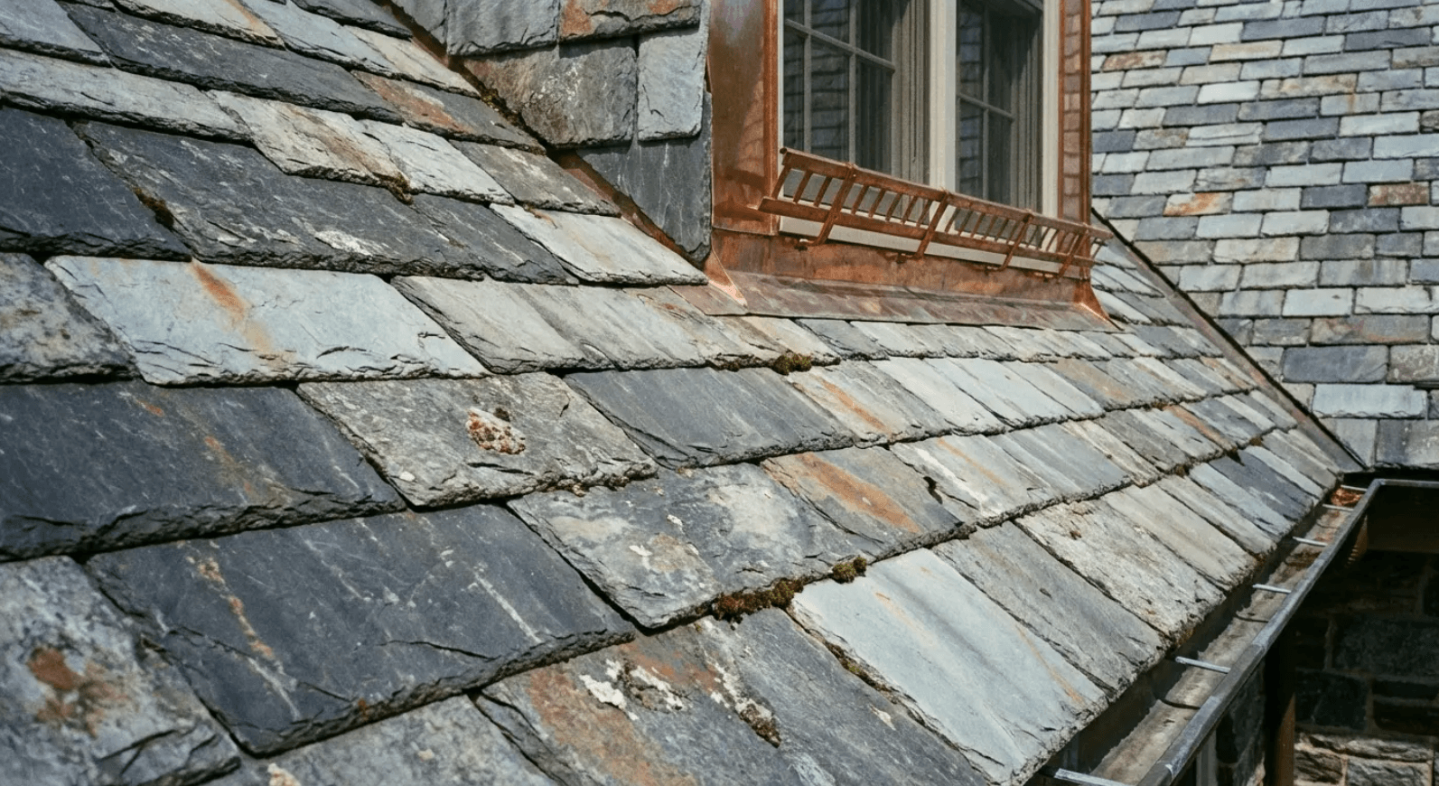 Weathered slate roof with surface wear and moss growth, requiring specialist knowledge that adds to roof inspection cost
