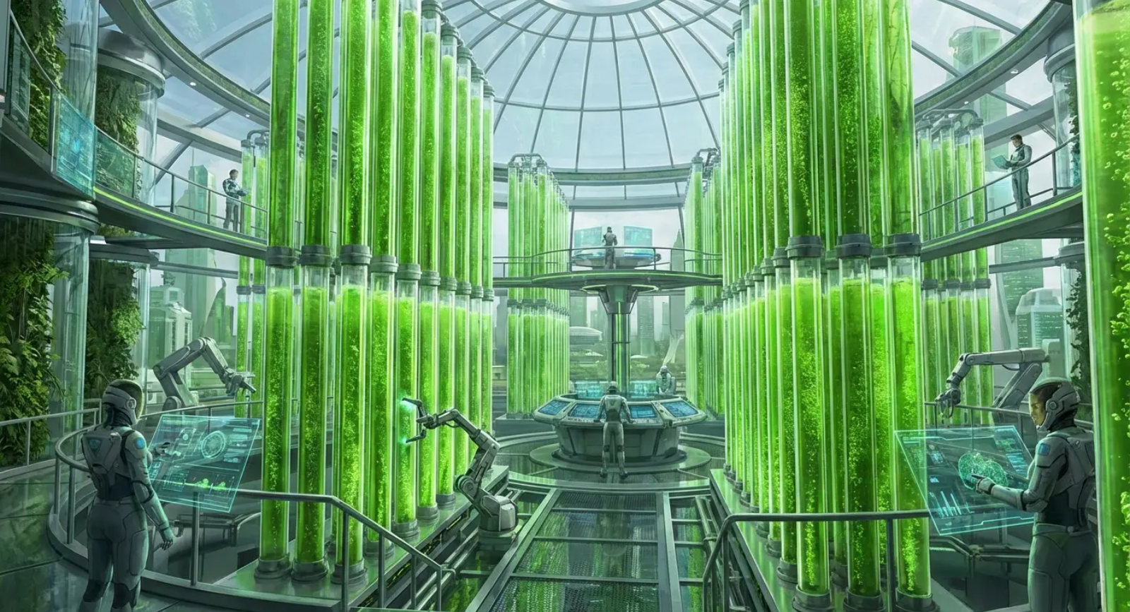 Futuristic lab with large green tubes, scientists, and robotic arms, under a glass dome.