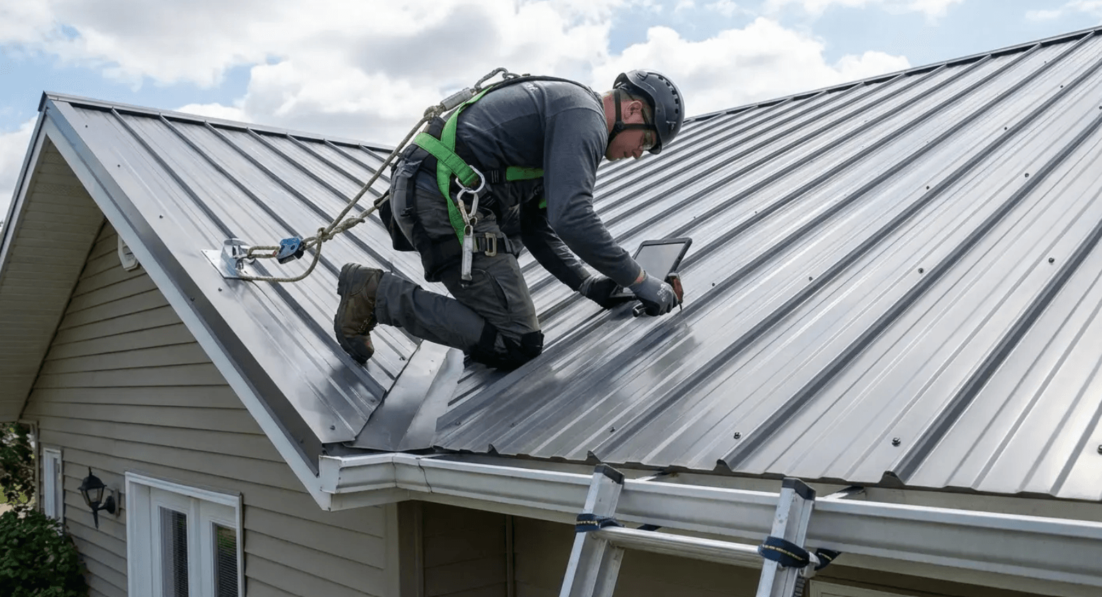 Contractor installing corrugated metal roof with exposed fasteners, highlighting standing seam vs corrugated metal roof maintenance.