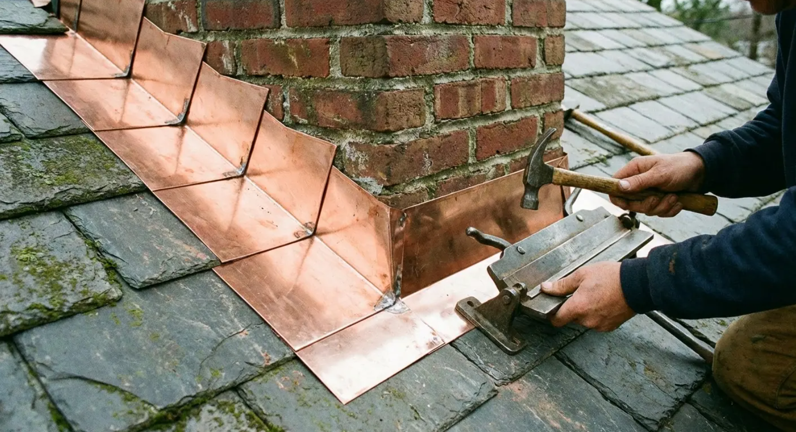 Person hammering copper flashing around a brick chimney on a slate roof.