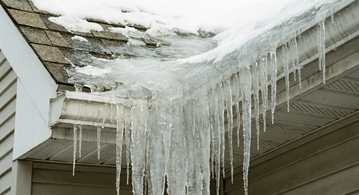 Ice dam formation on roof eaves
