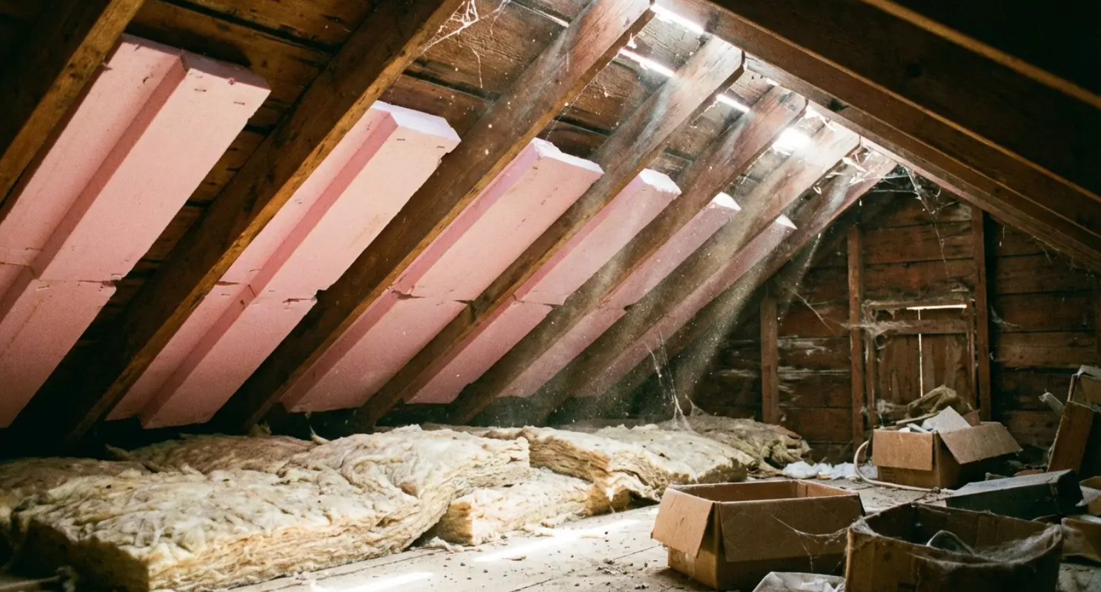 Attic interior with pink insulation boards and old fiberglass insulation, cobwebs, and cardboard boxes.