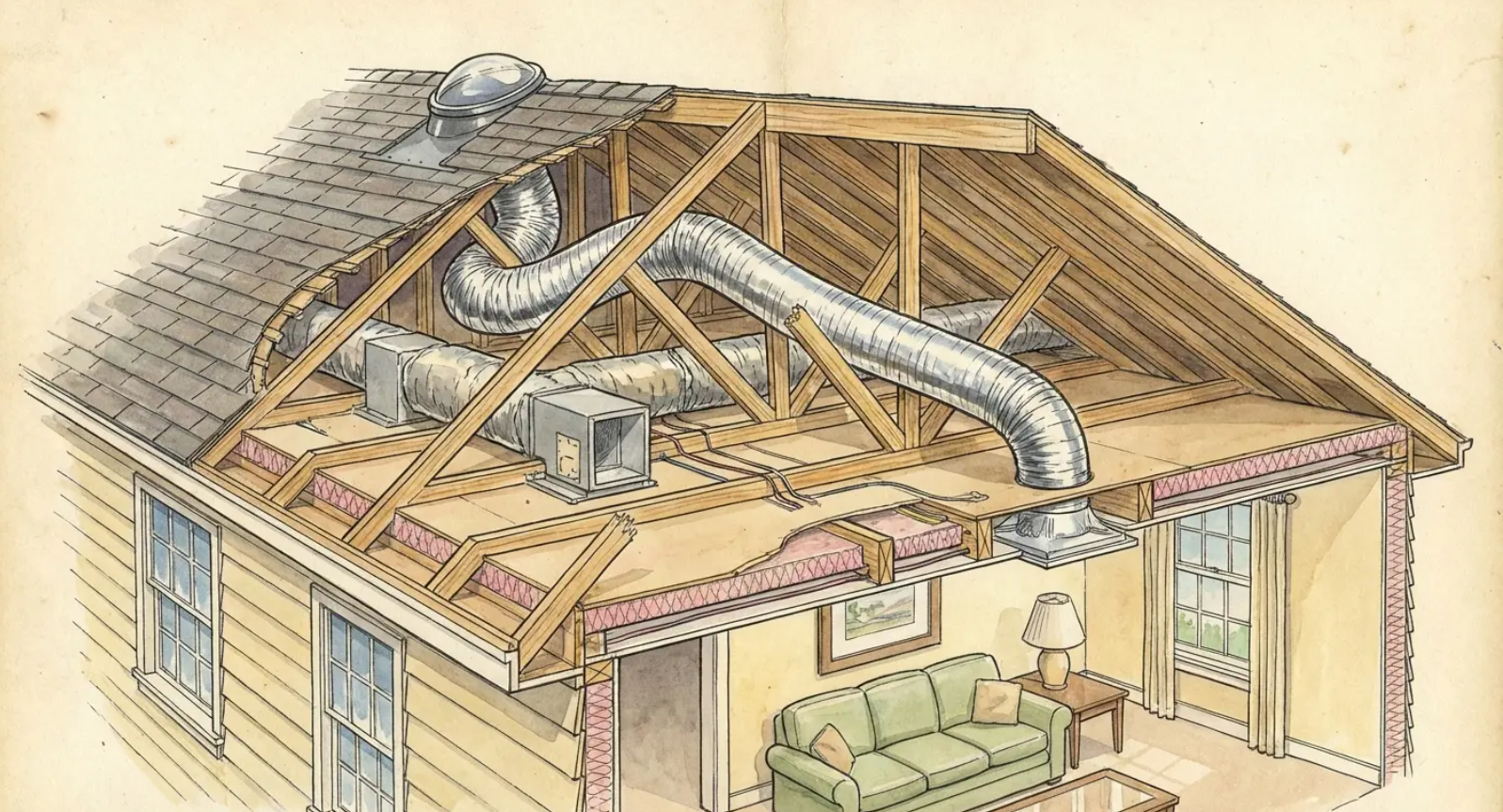 Diagram showing how sun tunnels fit easily between attic rafters as an alternative to skylights.