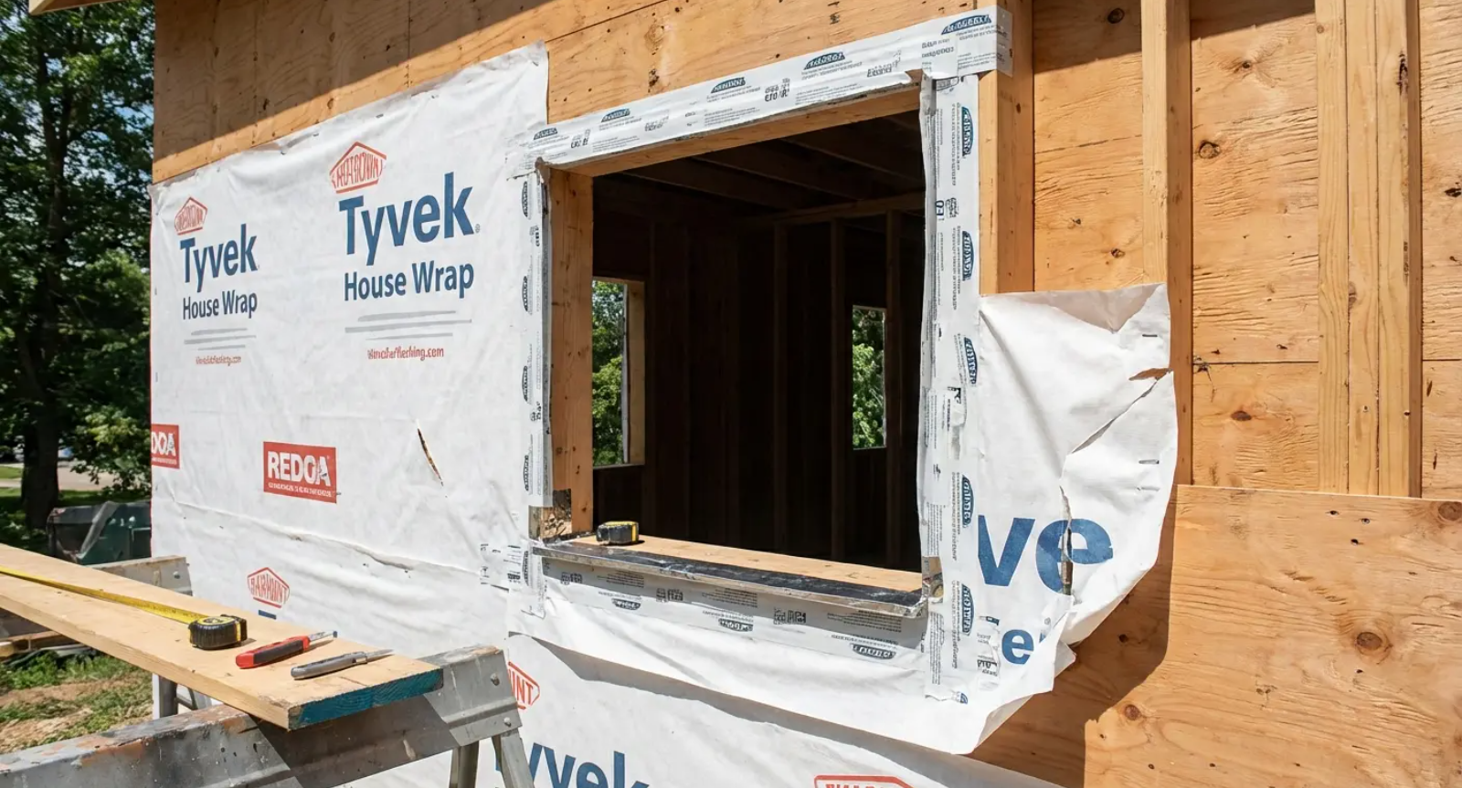 Exterior view of a building under construction, showing a window frame, Tyvek wrap, and tools on a board.