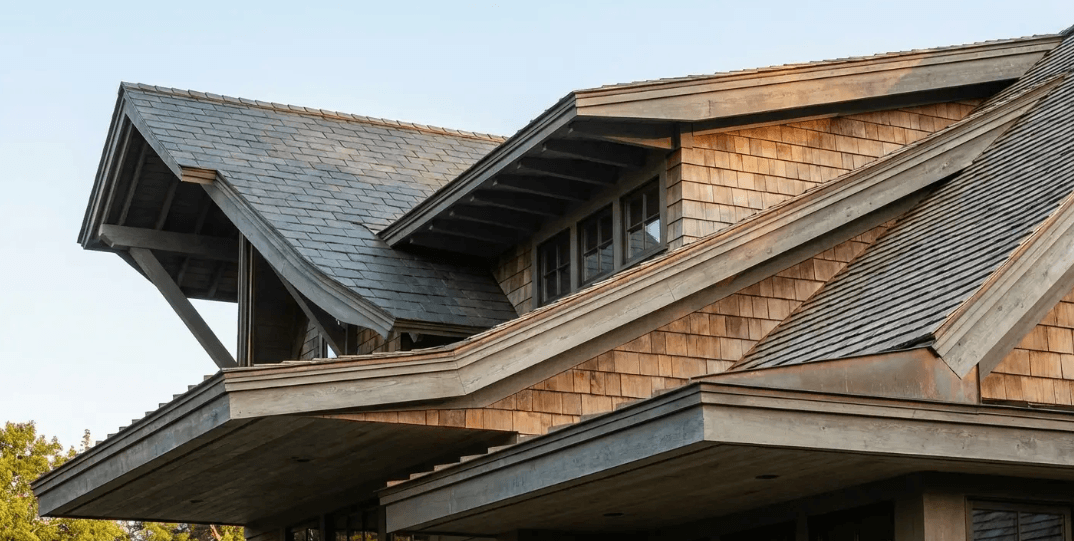 Detailed view of roof overhang structure with exposed rafters and soffit highlighting construction design