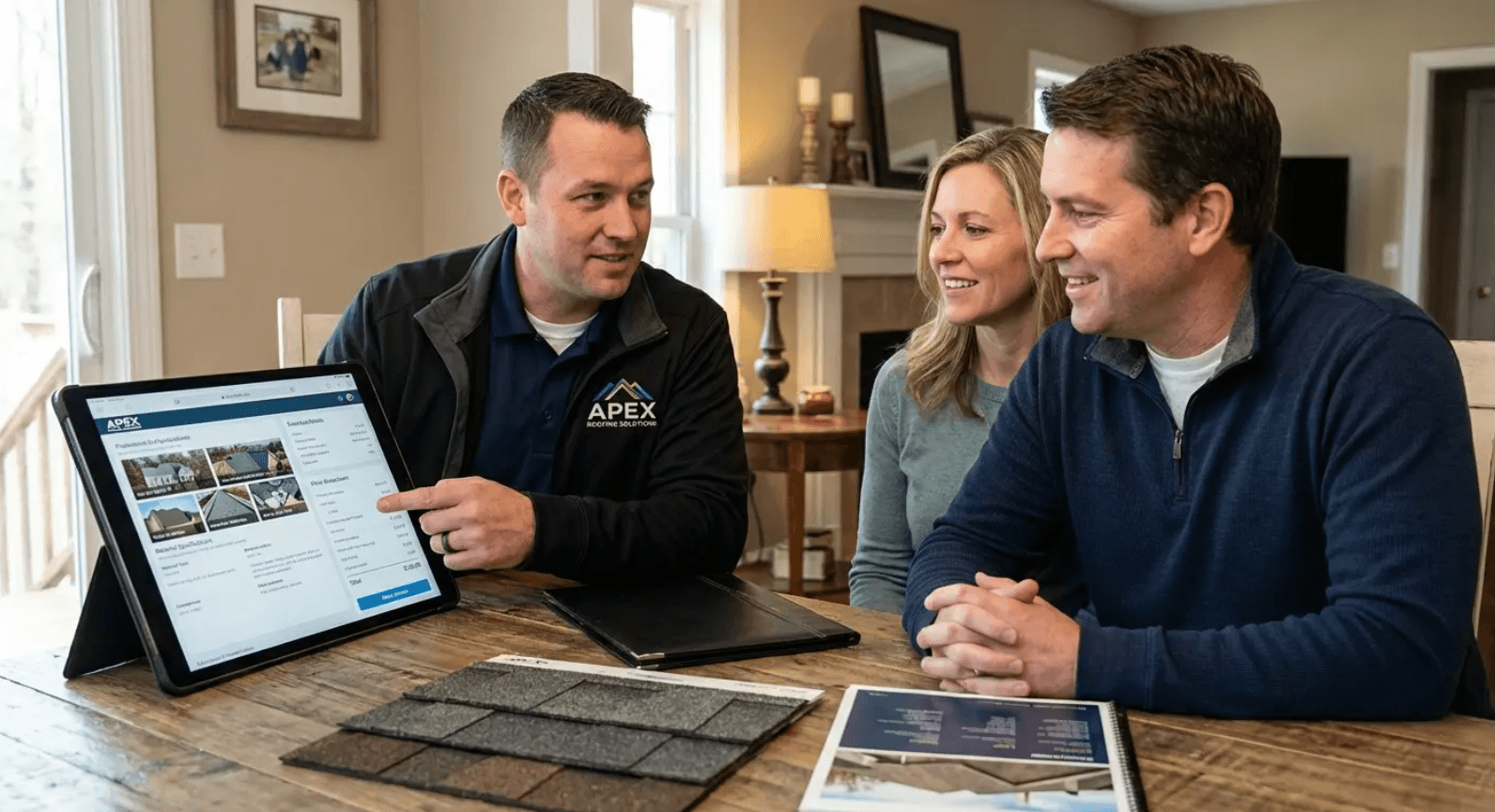 Text on hiring a roofing contractor, over worker on a roof.