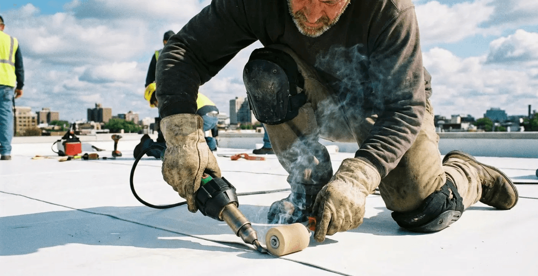 Contractor heat-welding PVC membrane during flat roof replacement to improve durability and control long-term cost