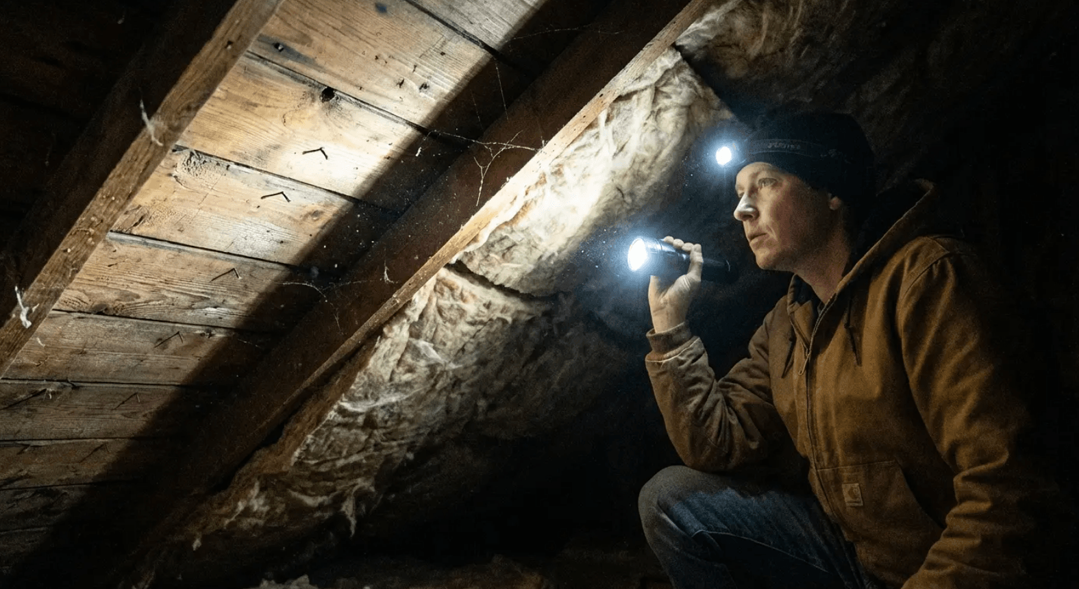 Independent inspector scanning an attic with a flashlight - the honest assessment that separates real failure from sales pressure