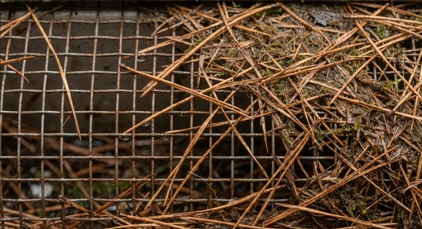 Close-up of a metal grate covered in dried pine needles and small bits of moss.