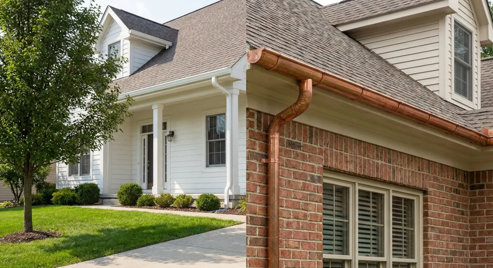 Man in front of house considering gutter options with text “Not sure which gutters you need? Watch this first!”