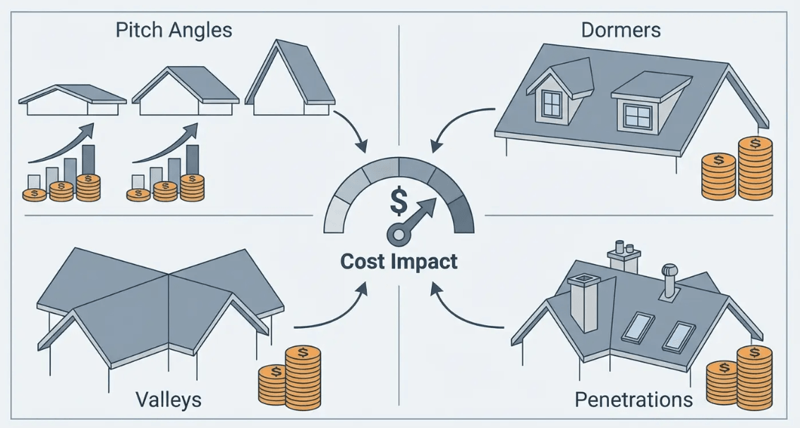 Complex roof architecture with multiple dormers