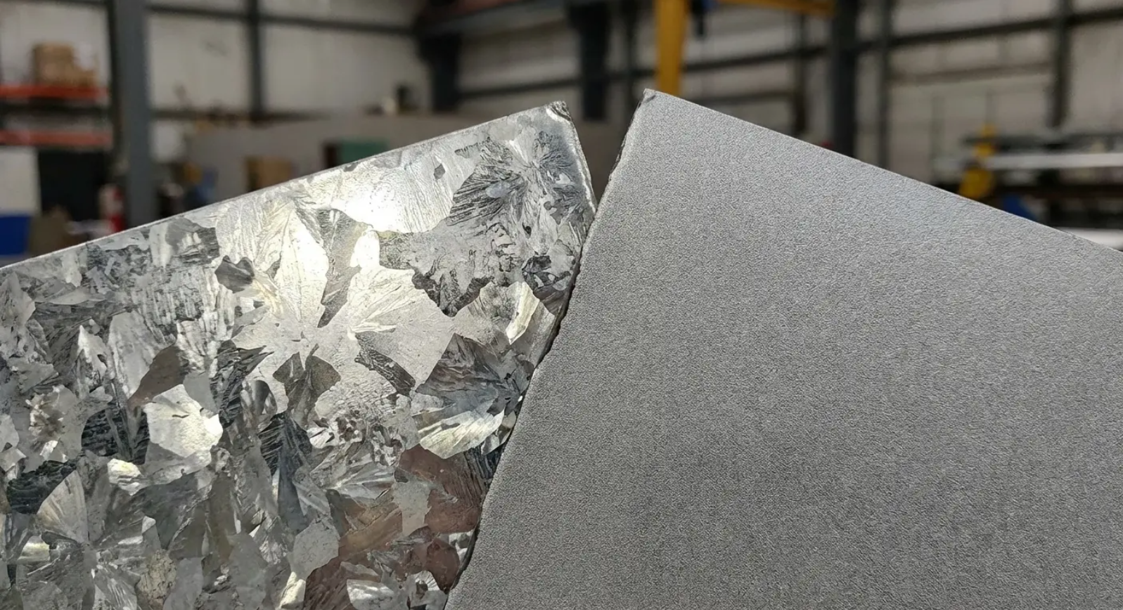 Two pieces of metal, one shiny with a crystalline pattern, the other gray and textured.