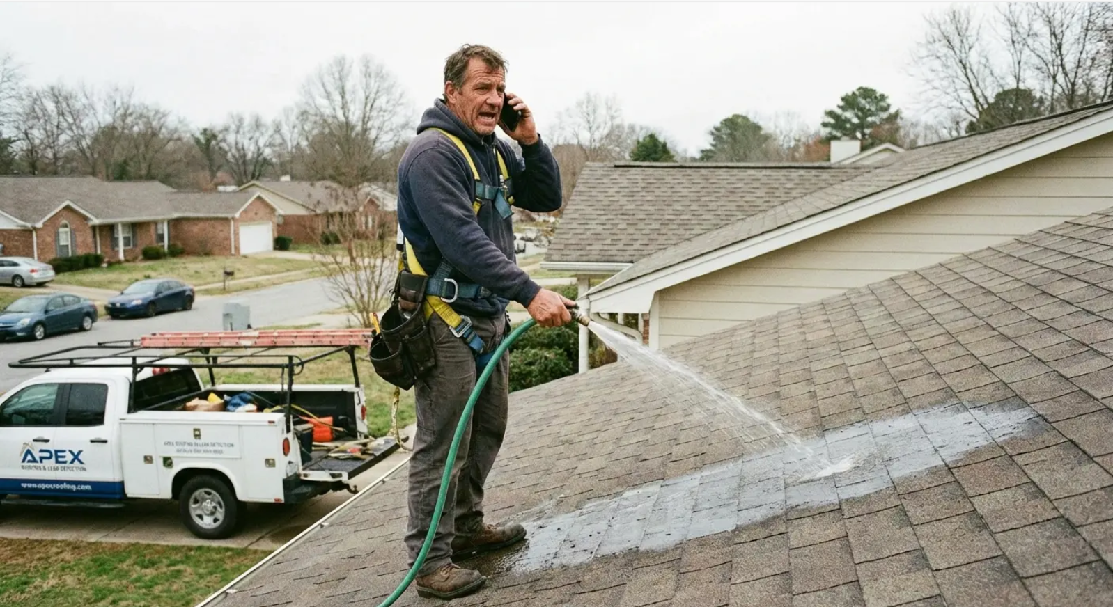 Man on roof talking on phone while spraying a hose. White truck in the background.