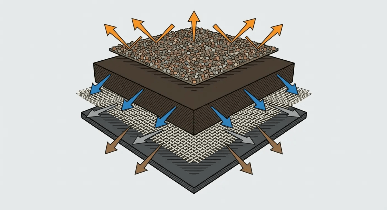 Exploded shingle layer diagram showing how granule adhesion affects how long an asphalt shingle roof replacement actually lasts