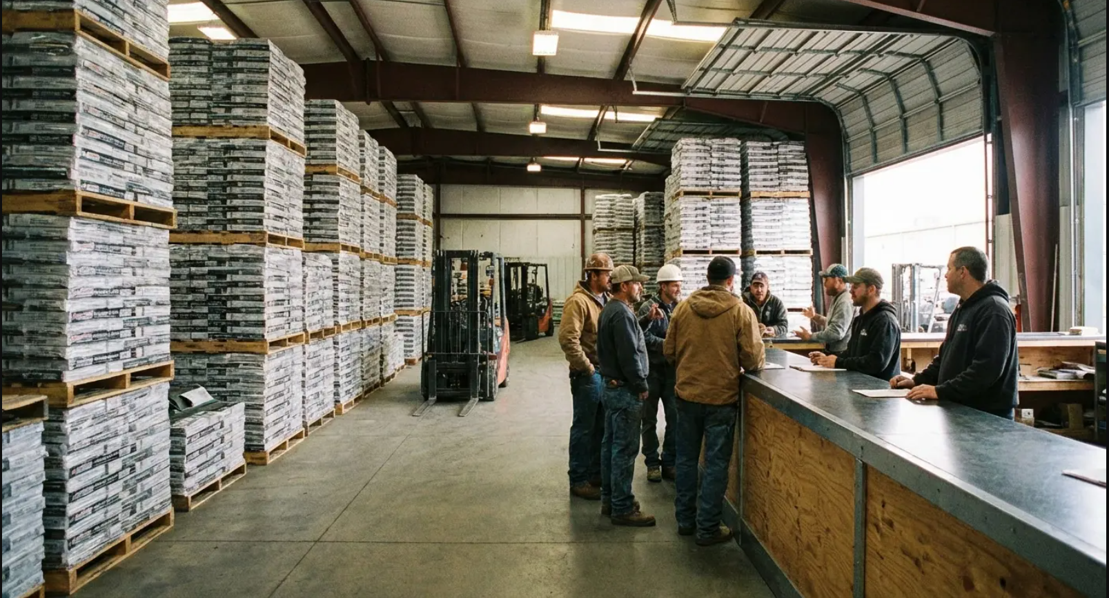 Warehouse with stacked inventory; group of men at a counter, some in hard hats, with a forklift in the background.