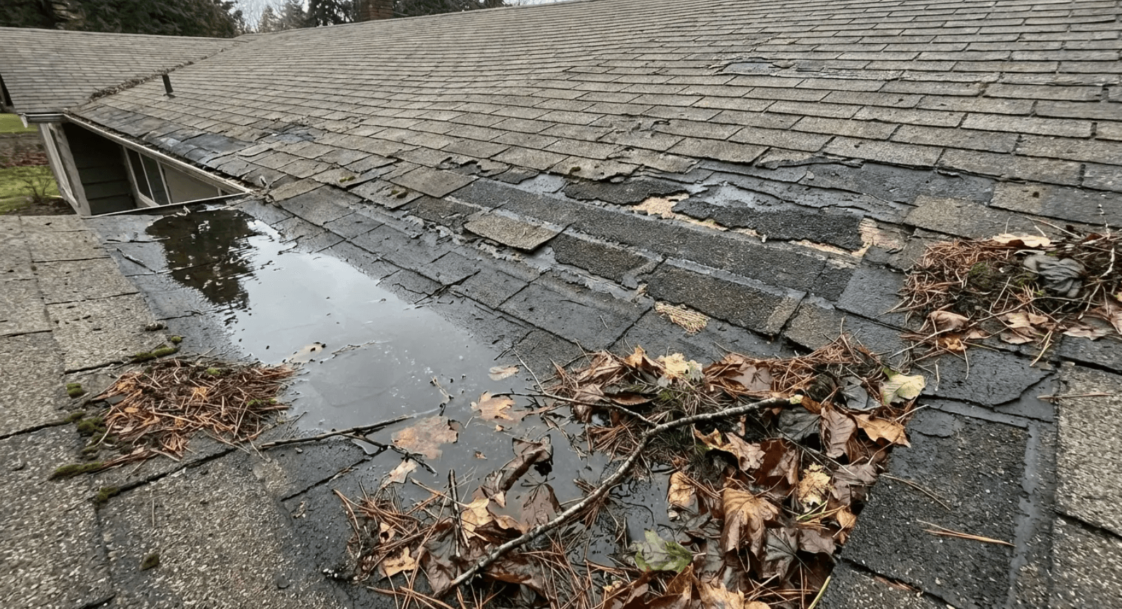 Standing water and debris pooling on aging shingles - the attic ventilation failure ranch roofs are most prone to
