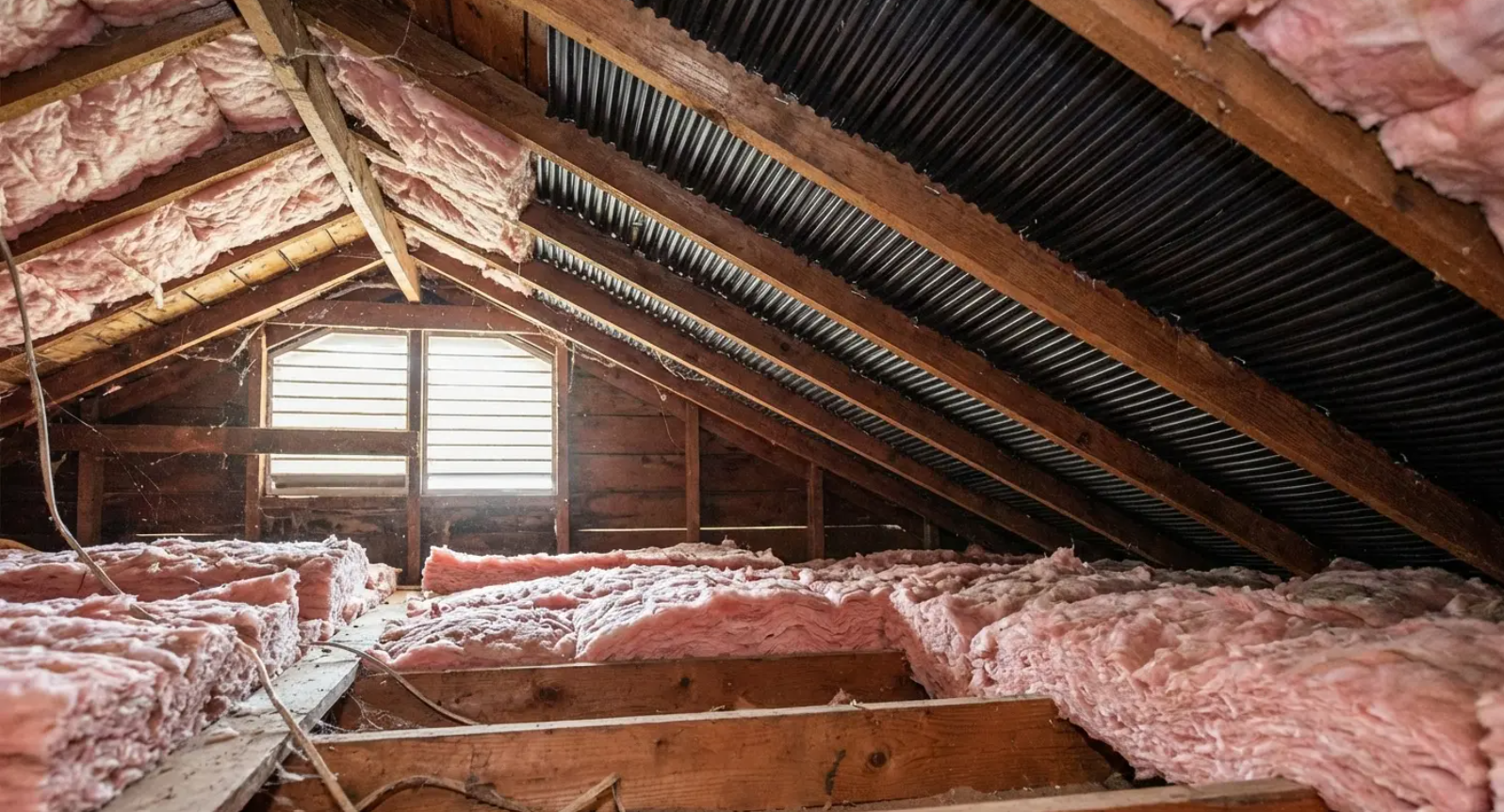 Attic space with pink insulation, wooden beams, and a small window.