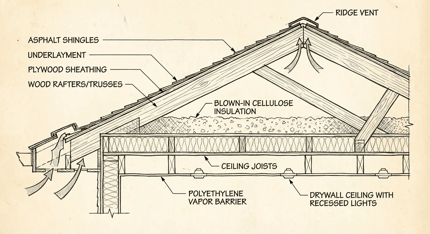 Modern roof ceiling design with exposed beams