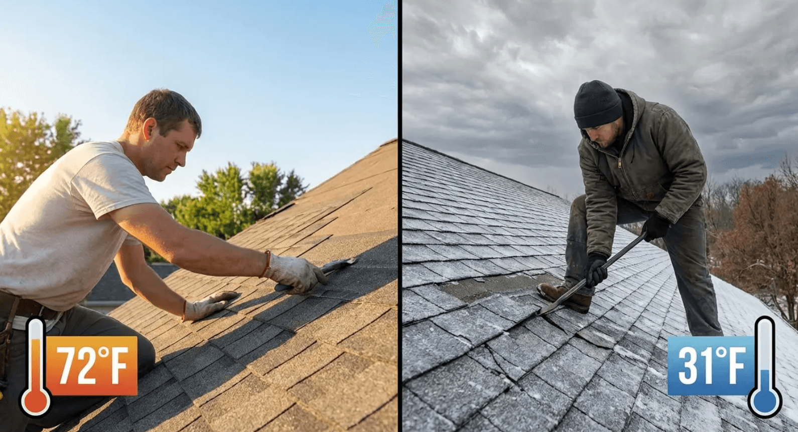 Two roofers performing roof moss removal in hot and cold weather to illustrate how temperature affects shingles.