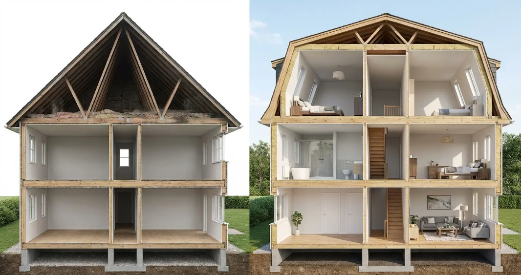Building performance and ROI charts comparing usable space and returns between different roof types