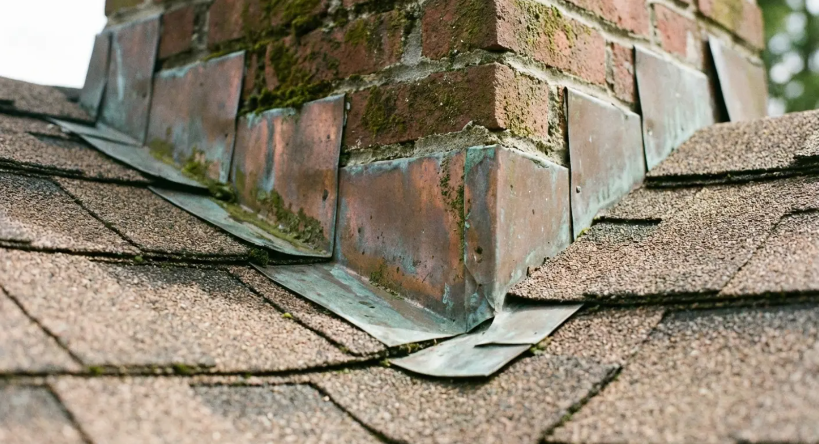 Close-up of a chimney base with copper flashing and moss, surrounded by brown asphalt shingles.