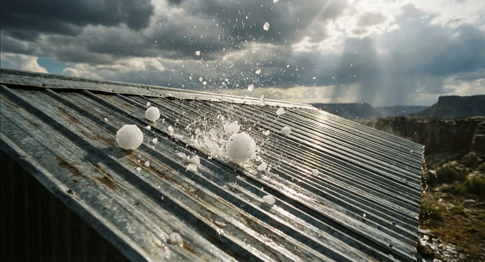 Hailstones impact a weathered metal roof under a stormy sky, with a desert landscape in the background.