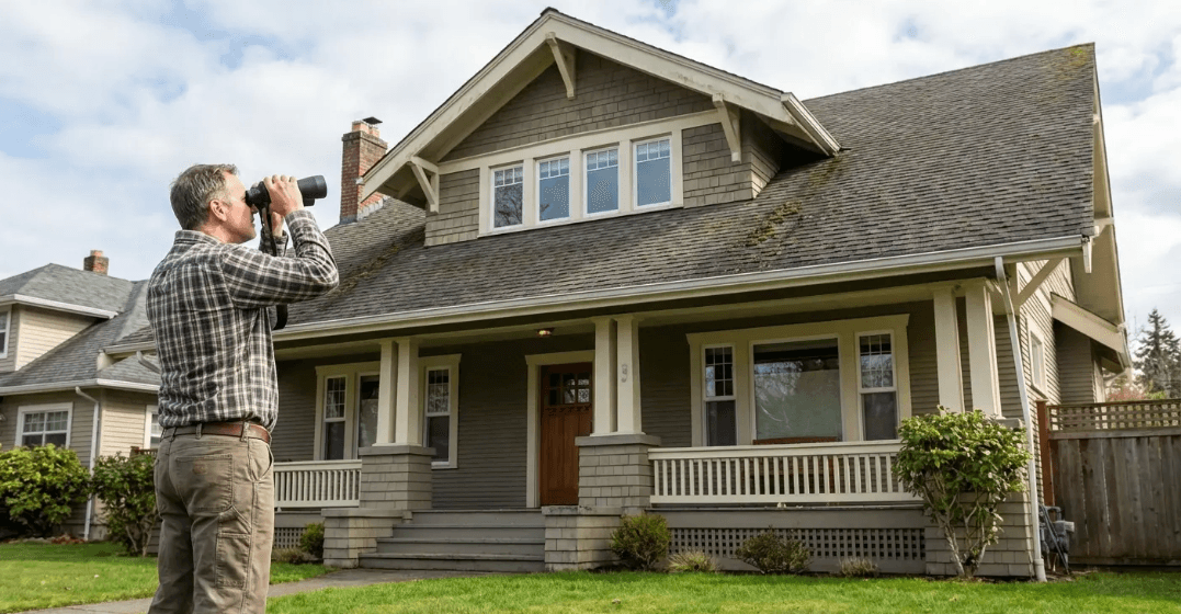 Homeowner inspecting roof condition from ground using binoculars before deciding on treatment or replacement