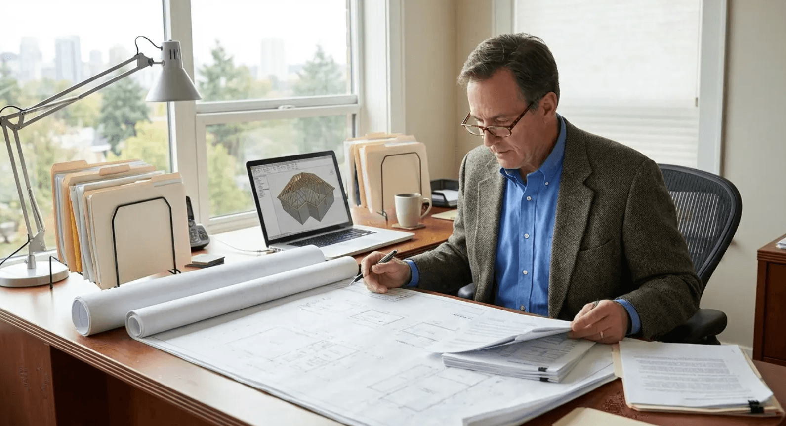 Roofing analyst reviewing detailed assessment plans at a desk - the post-inspection work that separates thorough reports from cheap ones