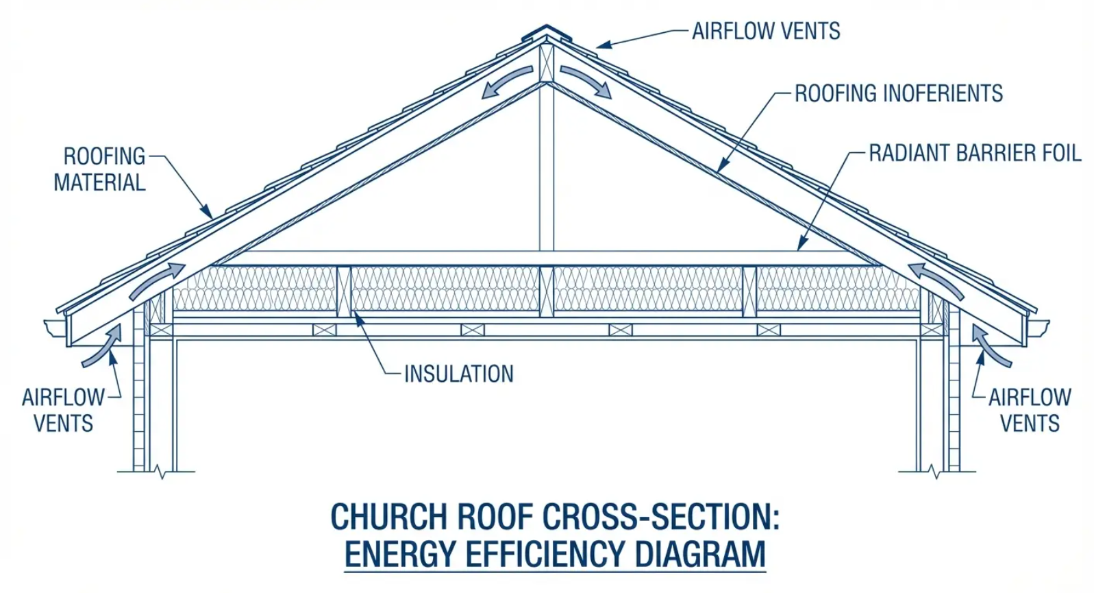 Cross-section diagram of a church roof, highlighting energy-efficient components like insulation and airflow vents.