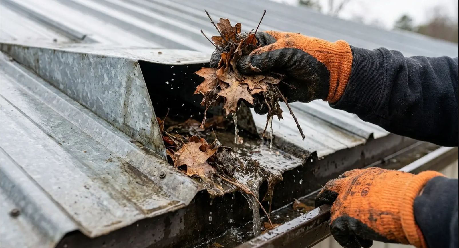 Gloved hands clearing wet, brown leaves from a metal rain gutter on a roof.
