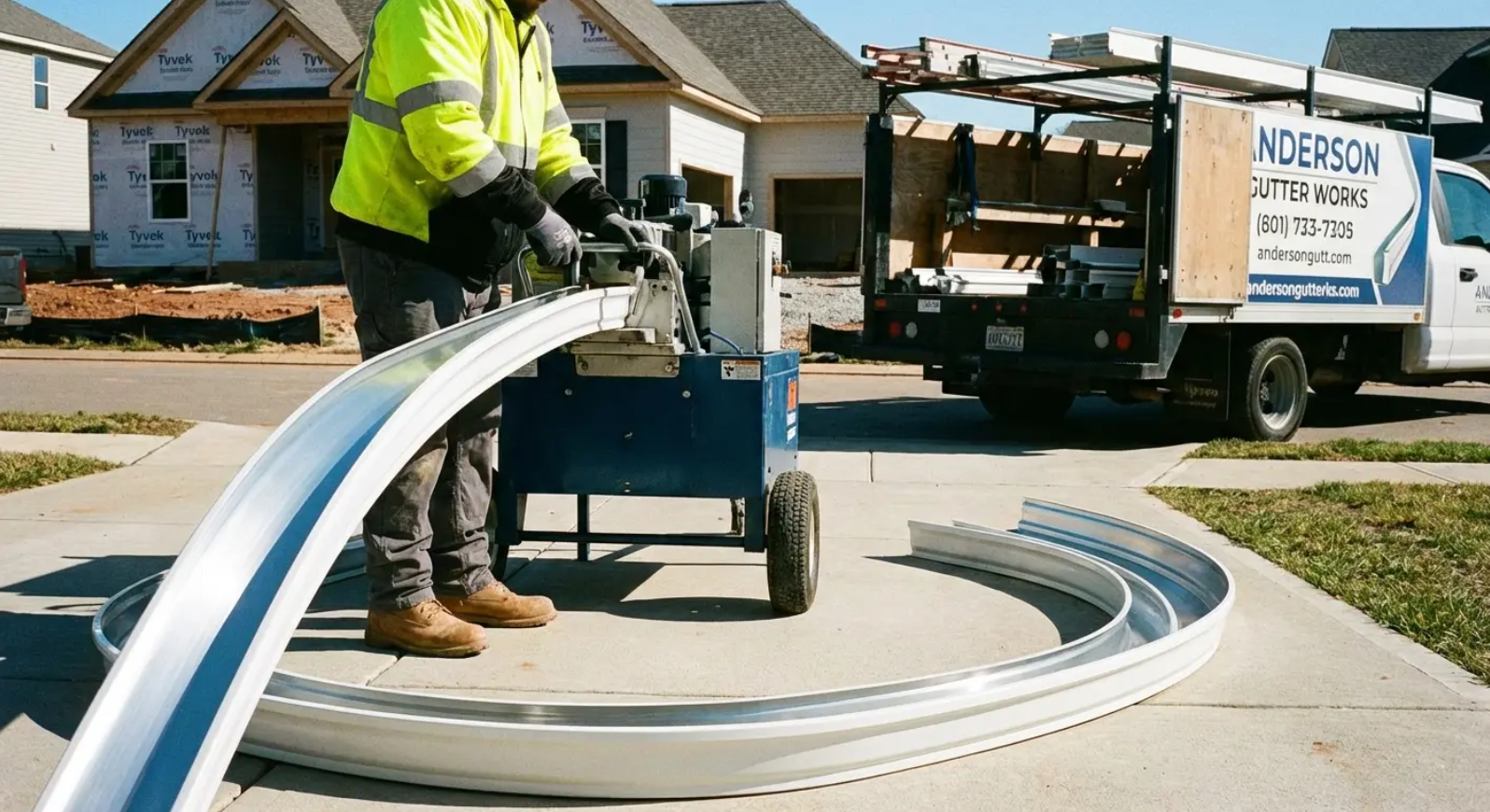 Construction worker shaping curved metal, with truck, house under construction.