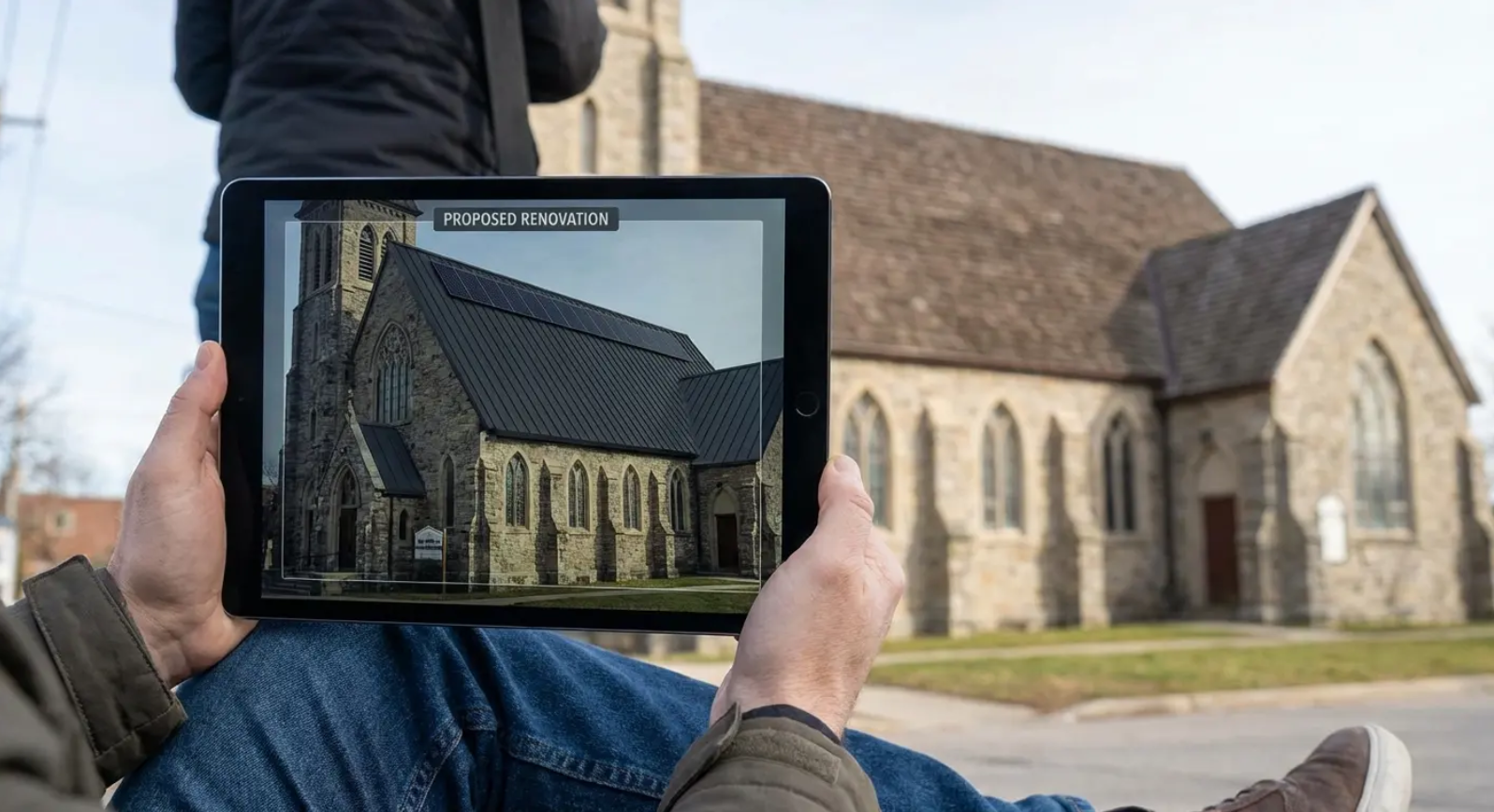 Person holding tablet showing a church, with the actual church in the background.