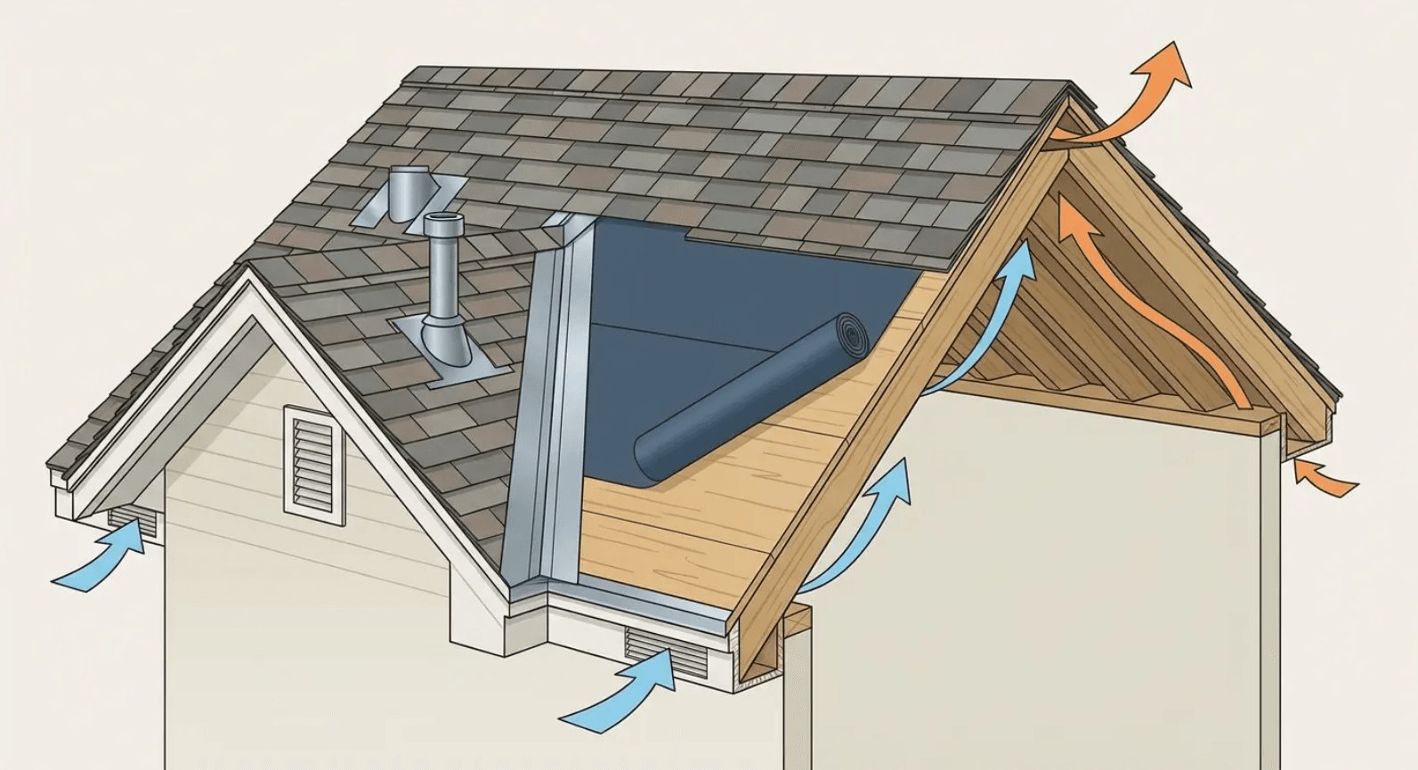 Cross-section diagram showing how ridge and soffit ventilation work together to regulate attic heat and moisture