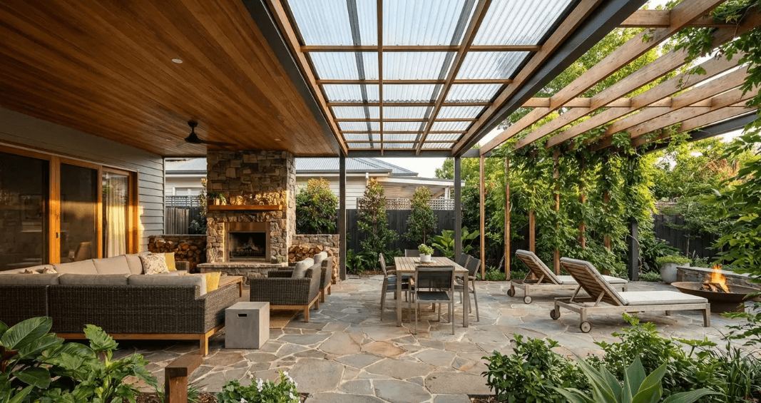 Hybrid covered patio design combining shade and open areas as practical extension patio roof ideas for year-round use
