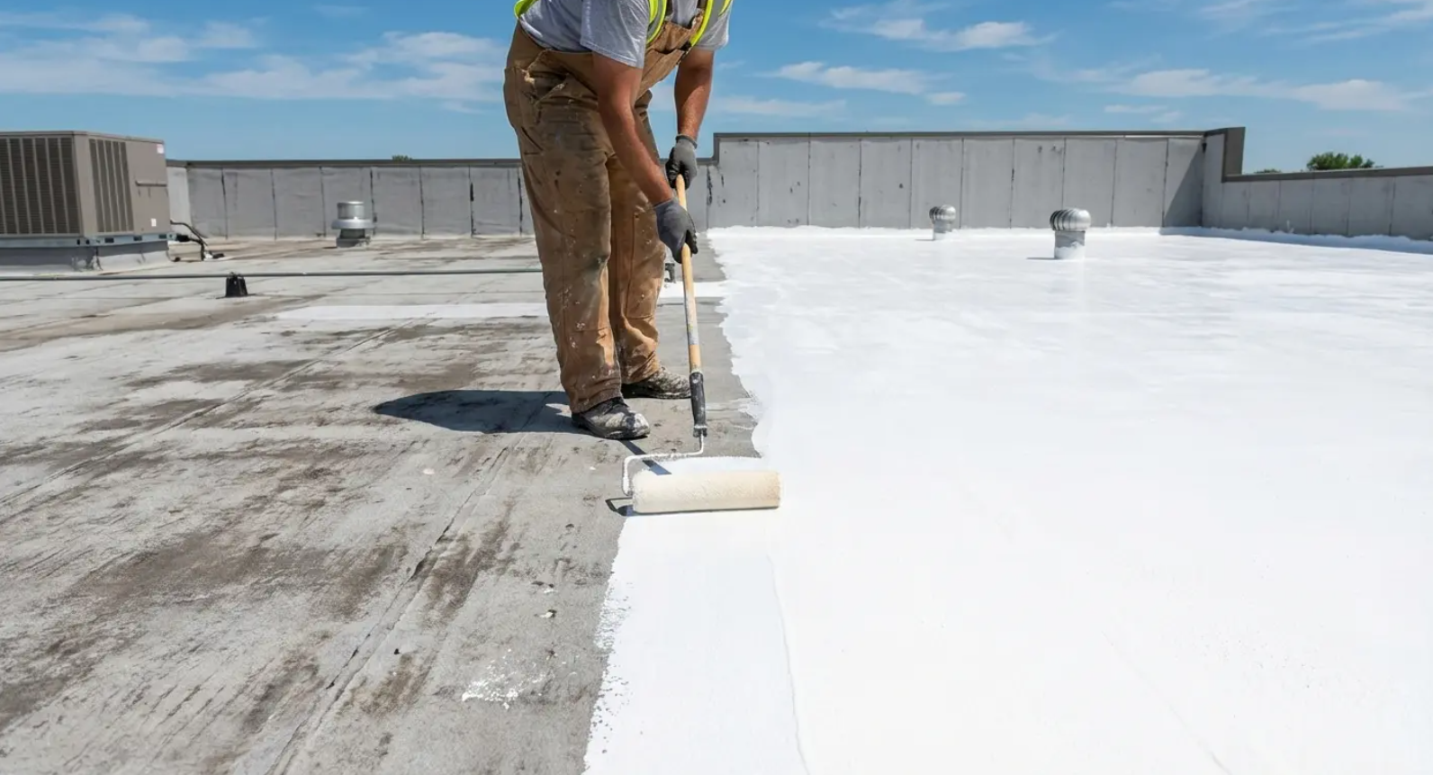 Person rolling white sealant on a flat roof.