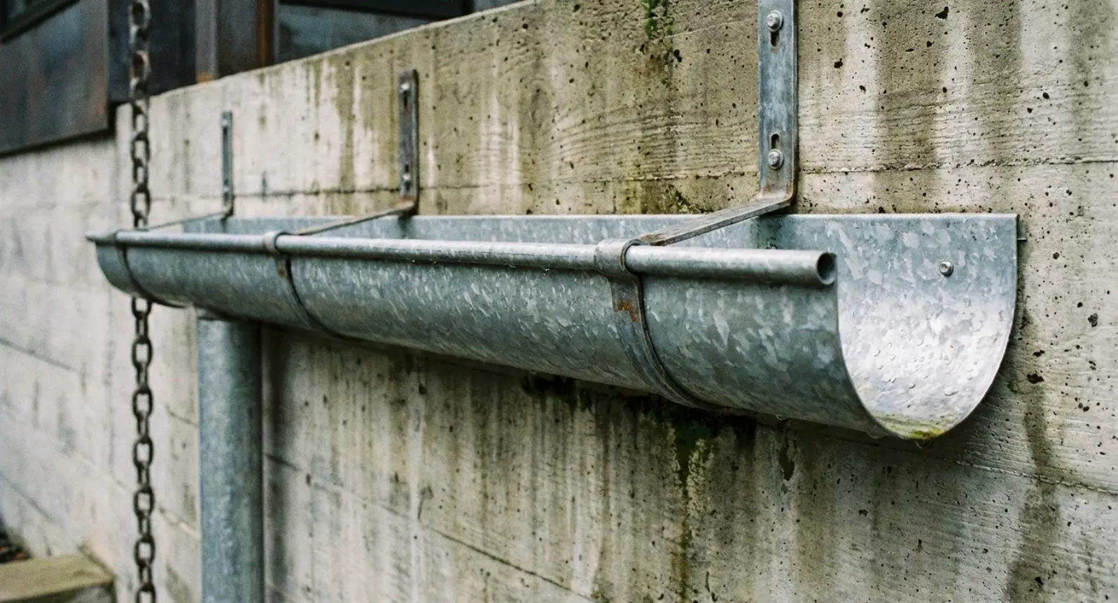 Steel half-round gutter mounted on a wall for heavy-duty durability.