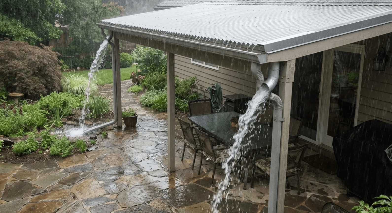 Heavy rainfall pouring off a patio roof into a stone patio, illustrating the drainage planning most patio roof ideas leave out