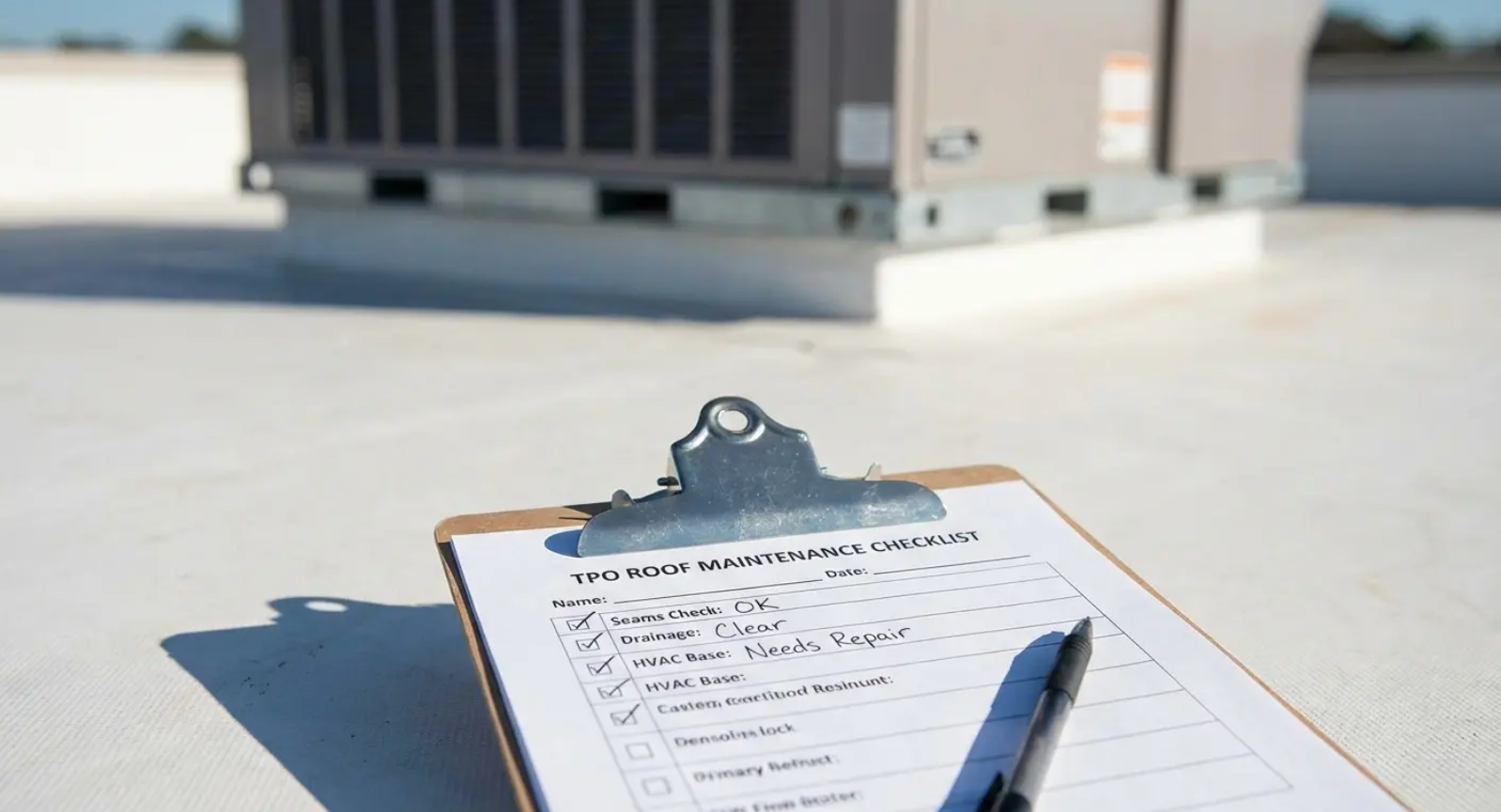 Clipboard with checklist and pen, set on a white rooftop in front of an AC unit.