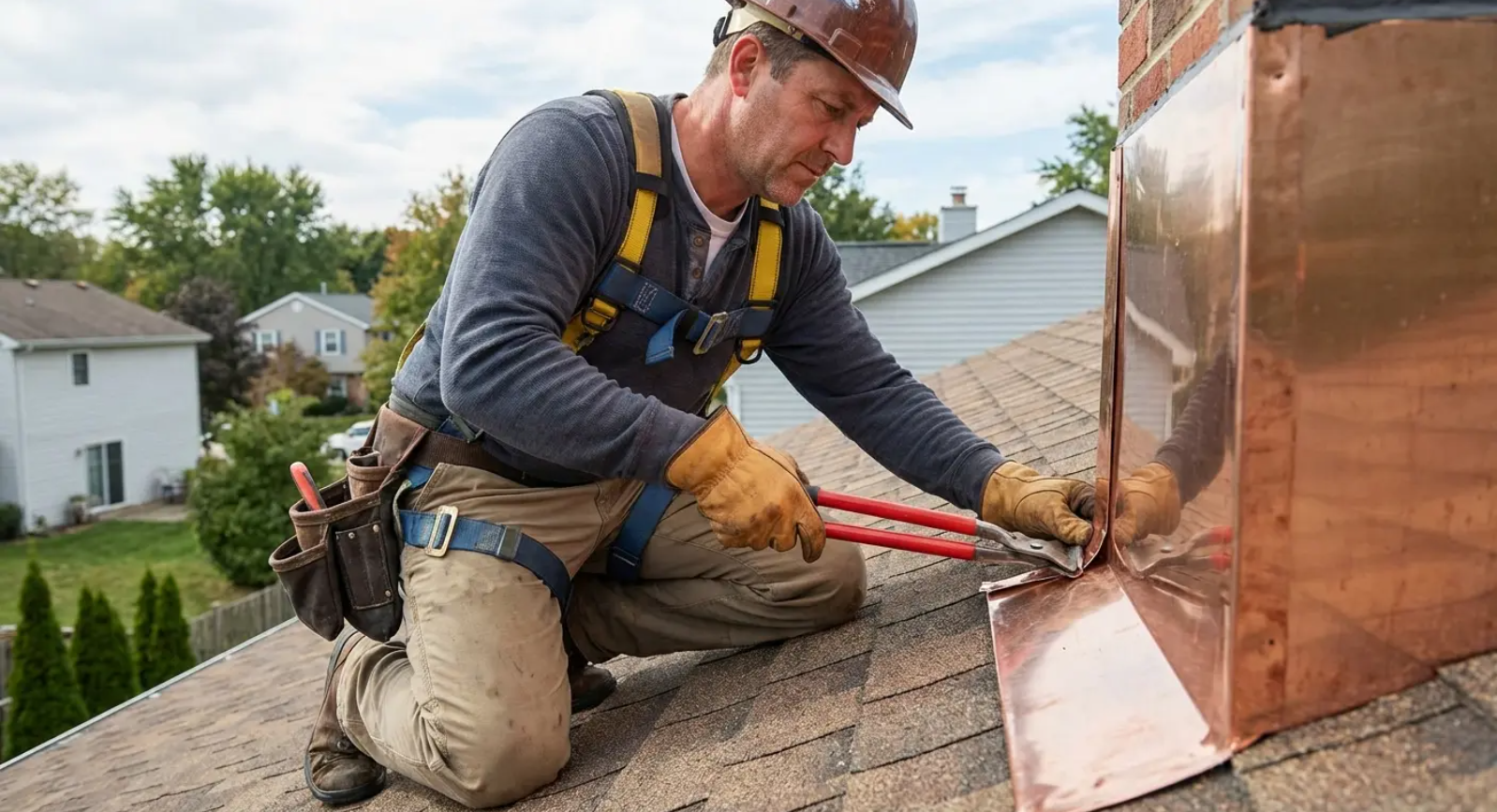 Roofer kneeling on roof, using pliers to install copper flashing around a chimney.
