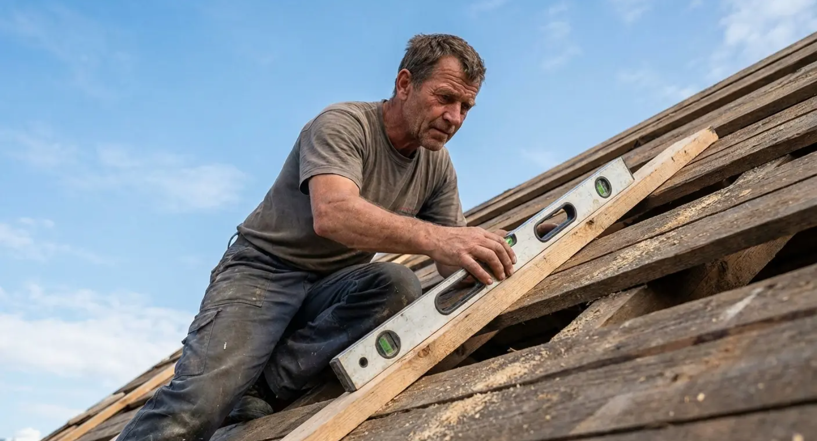 Man using level on roof.