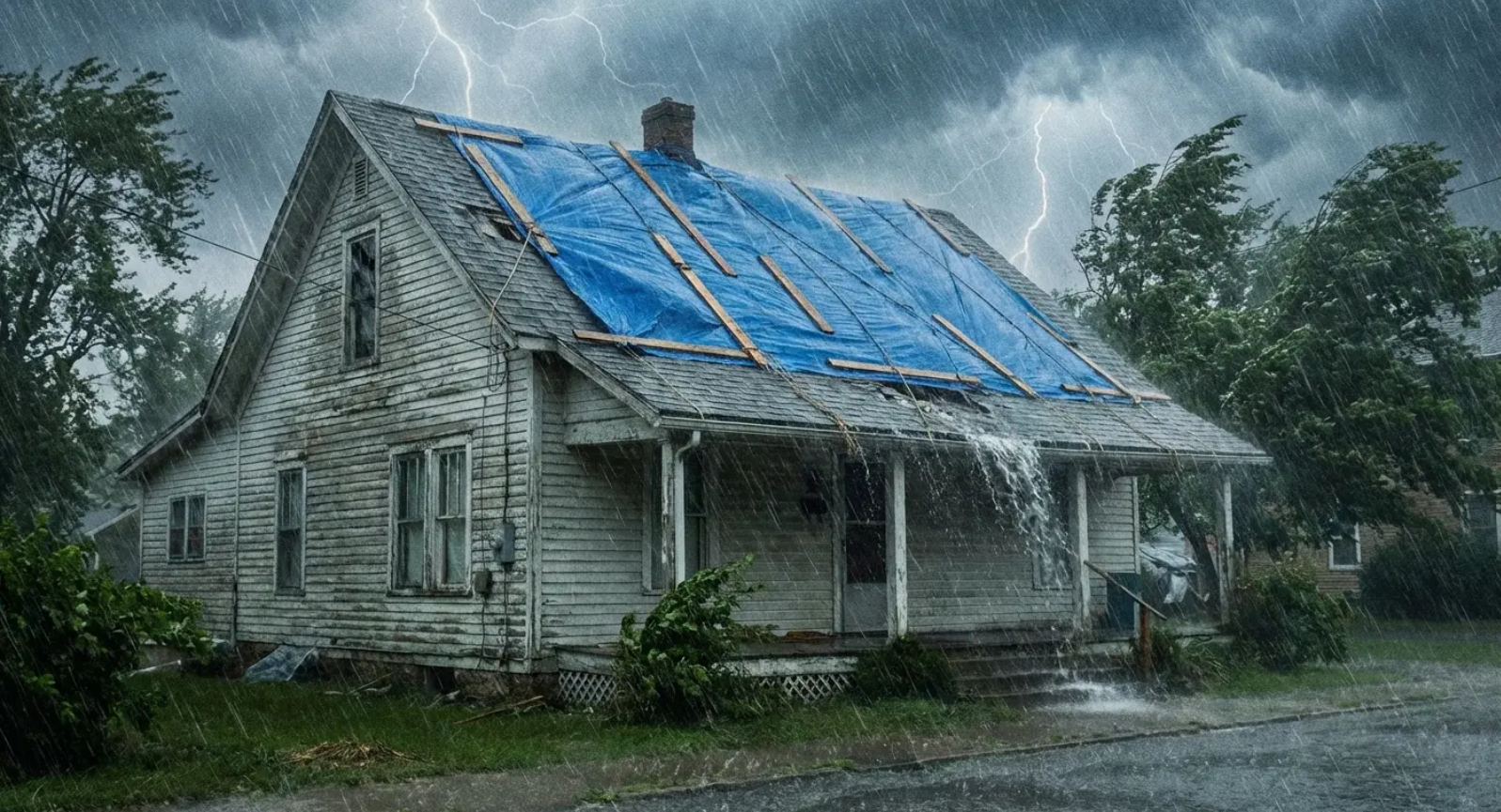House with damaged roof covered by blue tarp during a thunderstorm, lightning strikes.