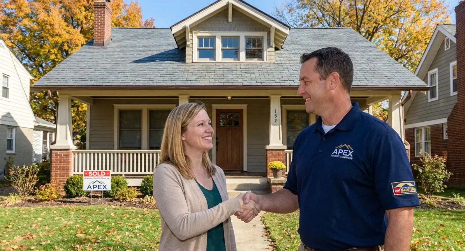 Woman and man shaking hands in front of a house for sale. Autumn scene.