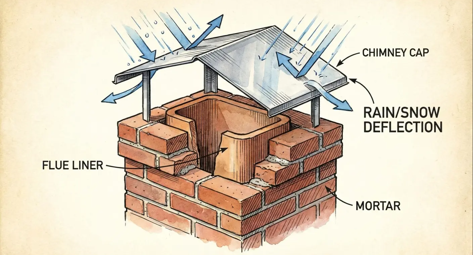 Illustration showing how a chimney cap prevents rain and snow from entering and damaging the flue.