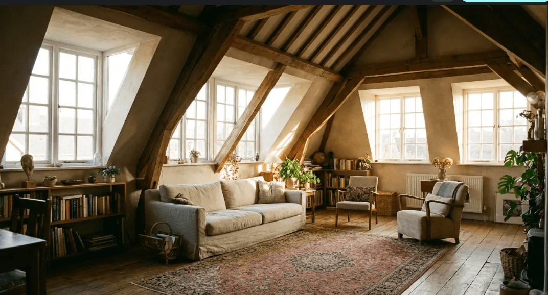 Finished attic living space with dormer windows created using a mansard roof design