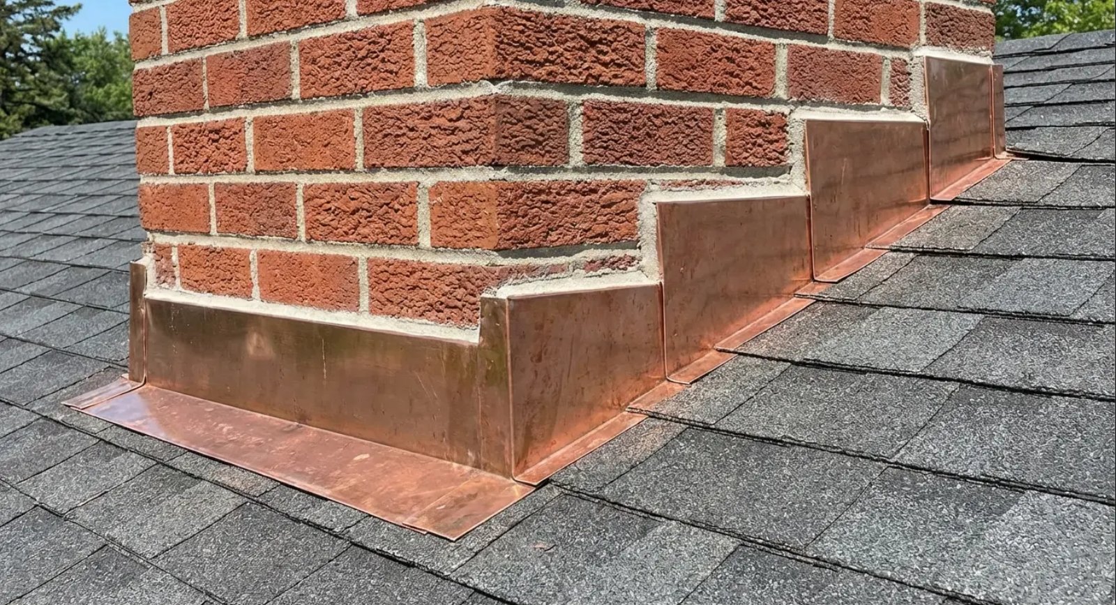 Brick chimney with copper flashing on a gray shingle roof.