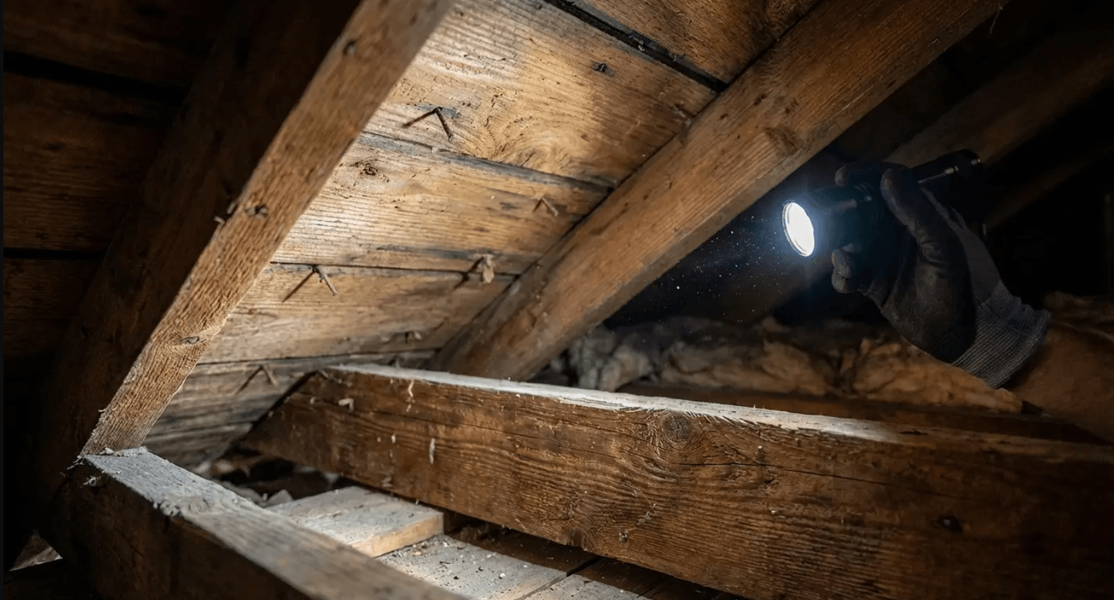 Flashlight inspection inside a dark attic revealing hidden moisture damage most roof replacement quotes never account for