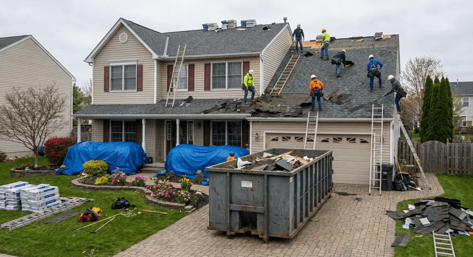 Full crew mid-asphalt shingle roof replacement - old shingles stripped, dumpster staged, new materials ready
