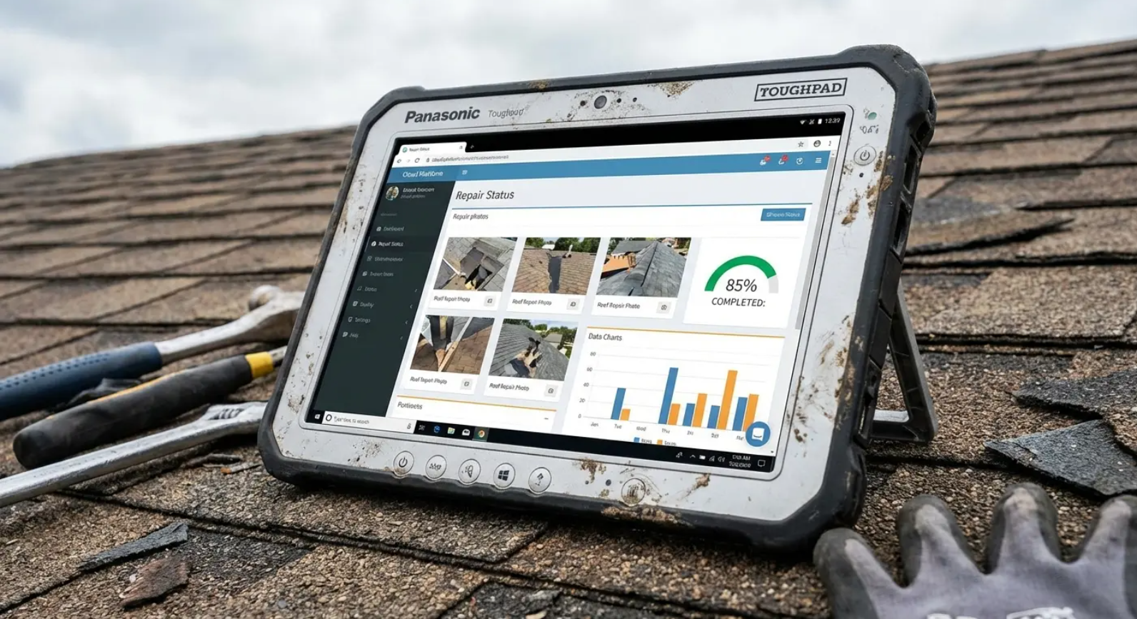 Rugged tablet on a rooftop with repair tools; displays dashboard with photos and data.