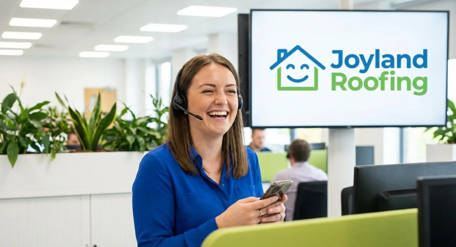 Woman laughing, wearing headset, holding phone, in office, Joyland Roofing logo on screen.